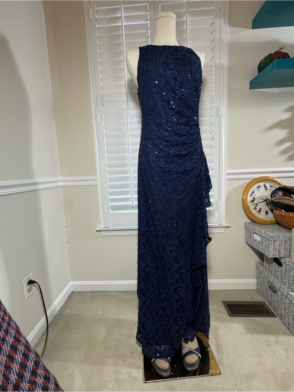 Alex Evenings Navy Lace Sequin Maxi Dress